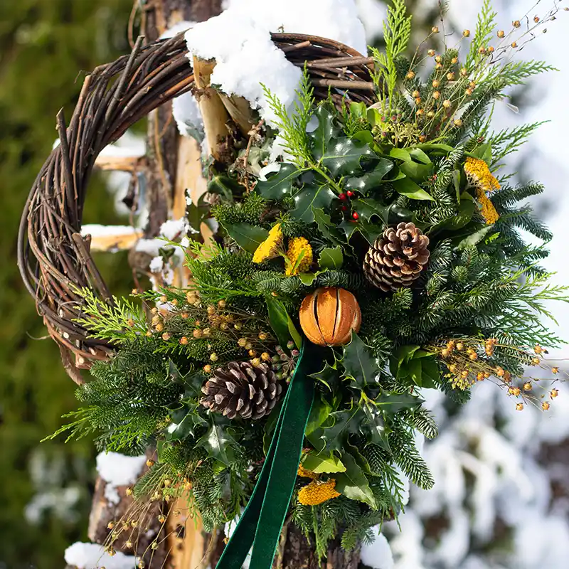 Half-filled Christmas wreath with holly, pinecones, and dried orange from Marguerite Rose Devon.