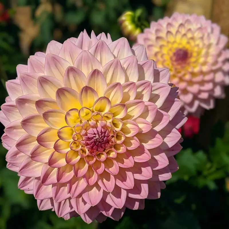 Pink and yellow Dahlia flower in Late Summer bloom at Marguerite Rose Devon flower farm.