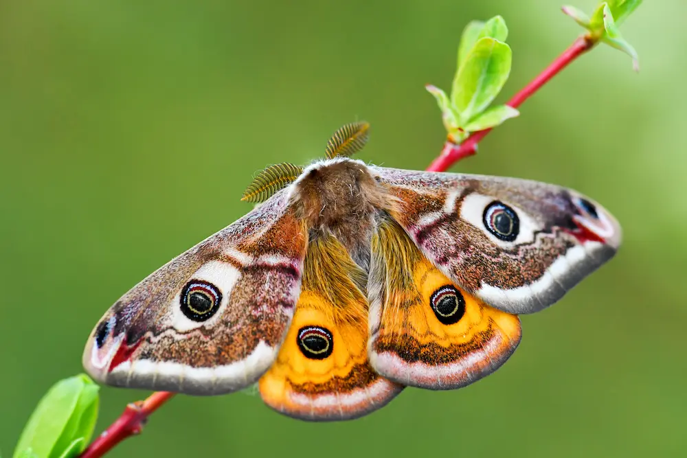 A large Emperor moth with patterned brown, orange, and white wings, each with a distinct eyespot, rests on a green-leafed stem at Marguerite Rose's Devon flower farm.