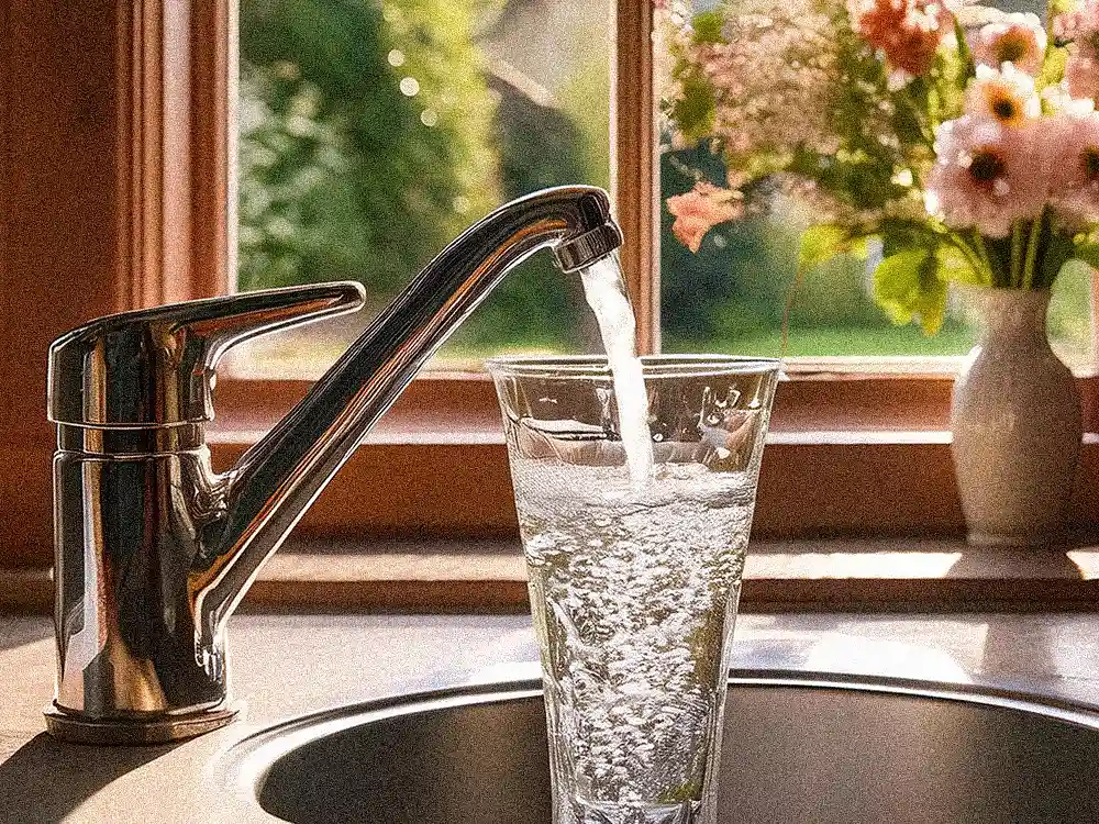 Fresh tap water fills a clean glass vase on a kitchen counter, the first step for customers caring for their Marguerite Rose flowers.