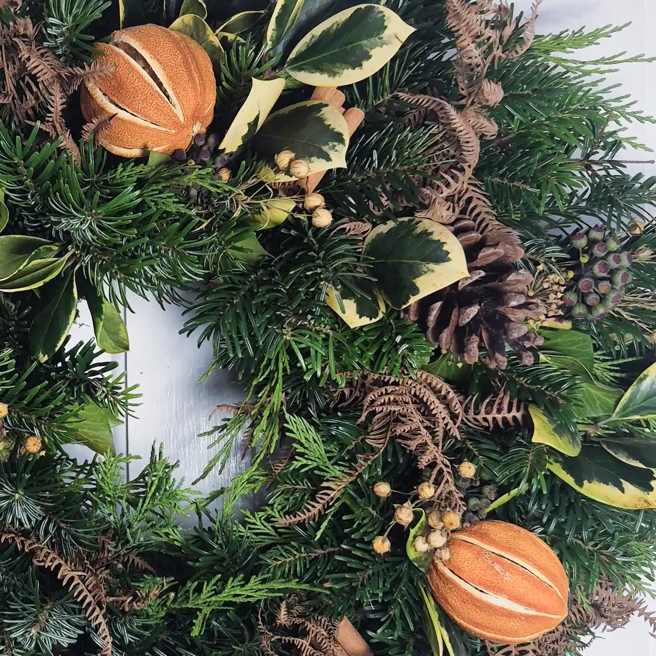 Close-up of Devon Christmas wreath featuring dried orange, fir cones, dried ferns, variegated foliage and cinnamon