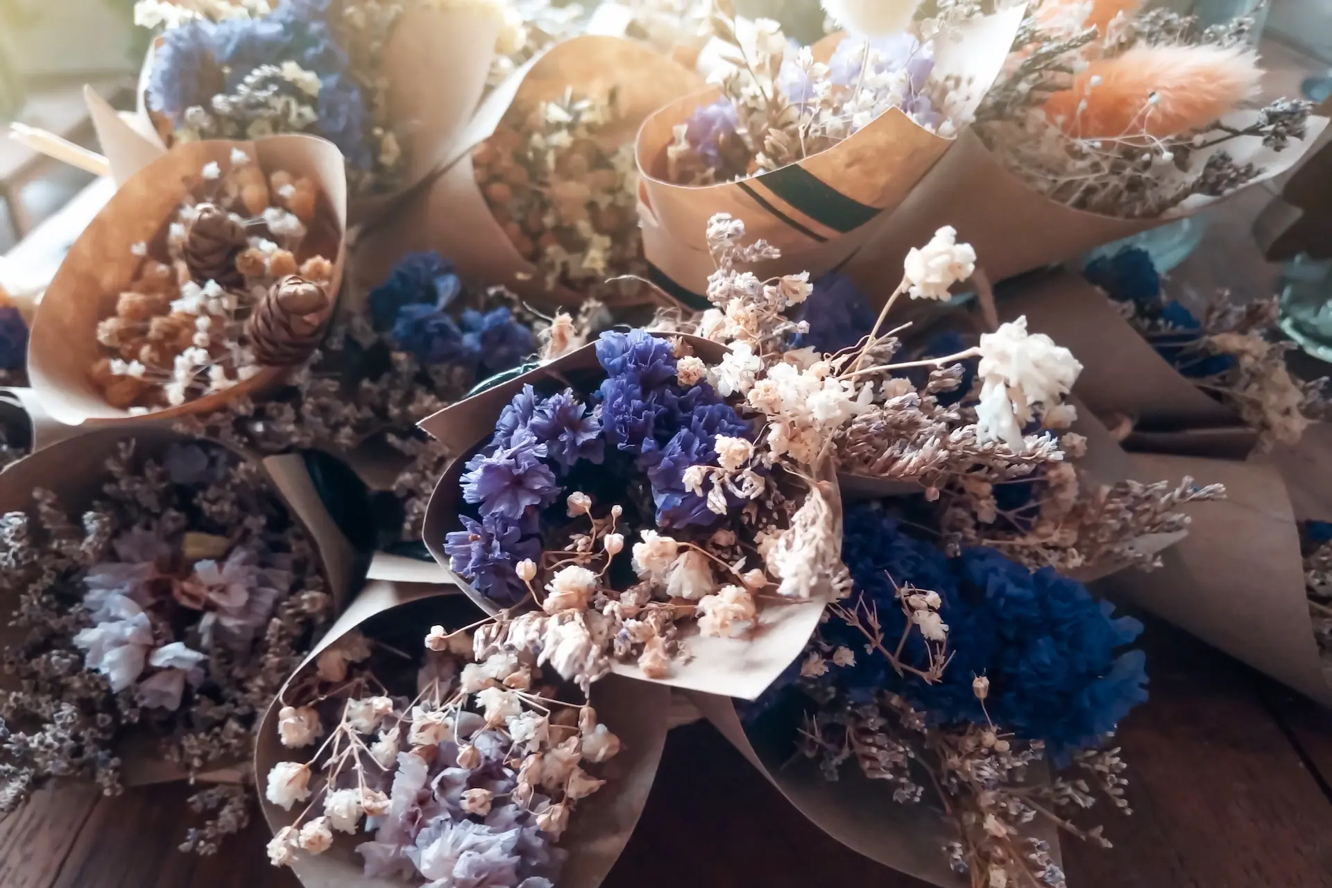 A collection of beautifully preserved dried flower bouquets made with flowers grown and harvested by Marguerite Rose in Devon