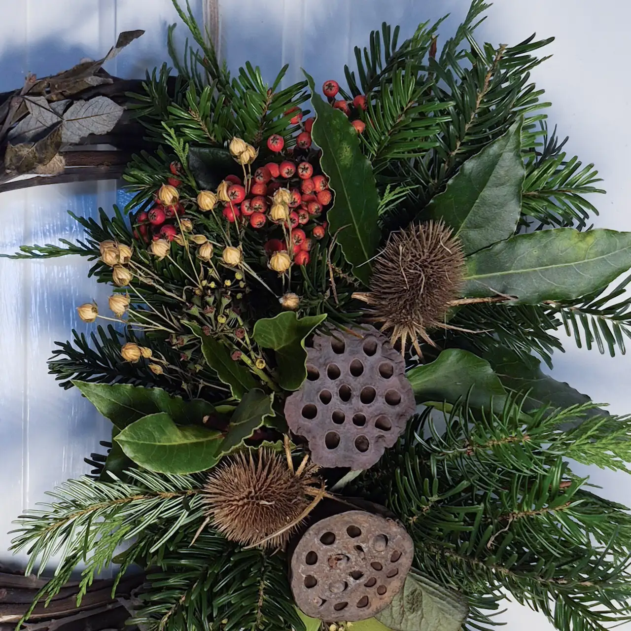Close-up of Devon willow Christmas wreath featuring red cotoneaster berries, bubble grass, teasels, lotus pods, bay and pine