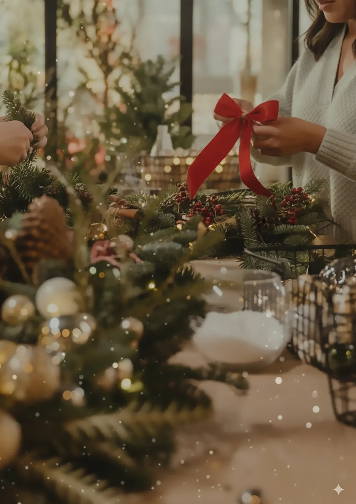 Woman crafting Christmas wreath with red ribbon at Marguerite Roses wreath making workshop in Tiverton, surrounded by pine, berries, and festive decorations